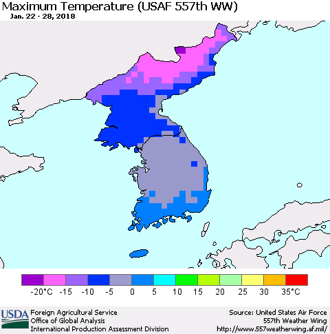 Korea Mean Maximum Temperature (USAF 557th WW) Thematic Map For 1/22/2018 - 1/28/2018