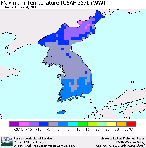 Korea Mean Maximum Temperature (USAF 557th WW) Thematic Map For 1/29/2018 - 2/4/2018