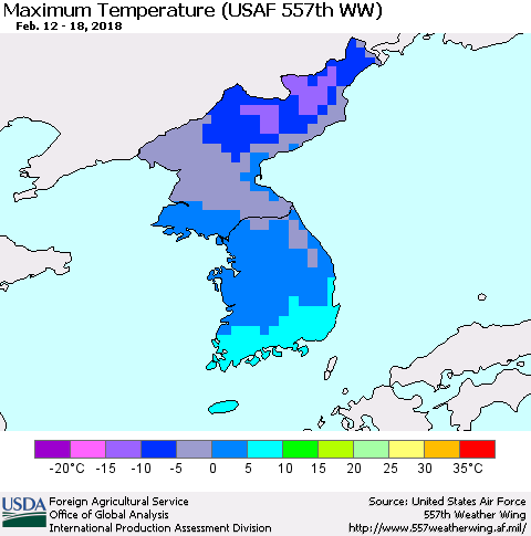 Korea Mean Maximum Temperature (USAF 557th WW) Thematic Map For 2/12/2018 - 2/18/2018