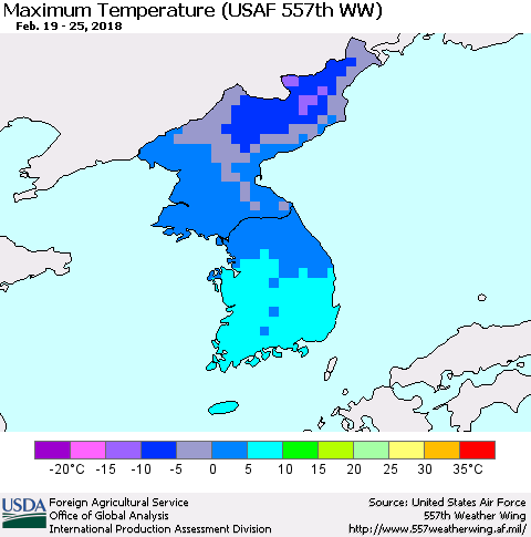Korea Mean Maximum Temperature (USAF 557th WW) Thematic Map For 2/19/2018 - 2/25/2018