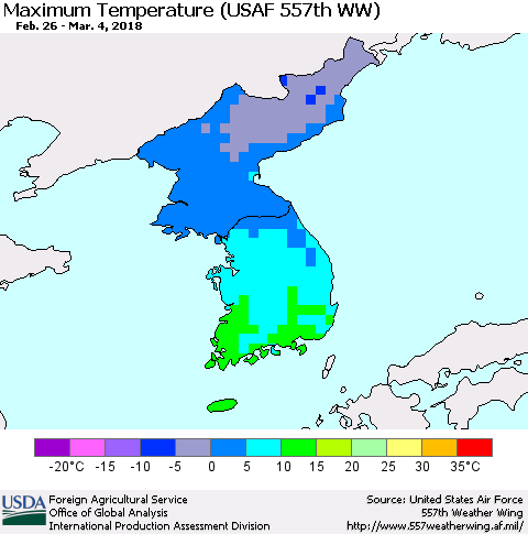 Korea Mean Maximum Temperature (USAF 557th WW) Thematic Map For 2/26/2018 - 3/4/2018