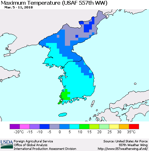 Korea Mean Maximum Temperature (USAF 557th WW) Thematic Map For 3/5/2018 - 3/11/2018