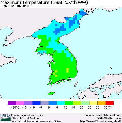 Korea Mean Maximum Temperature (USAF 557th WW) Thematic Map For 3/12/2018 - 3/18/2018