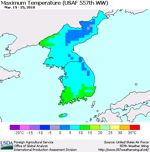 Korea Mean Maximum Temperature (USAF 557th WW) Thematic Map For 3/19/2018 - 3/25/2018