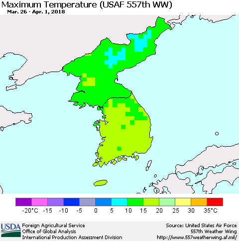 Korea Mean Maximum Temperature (USAF 557th WW) Thematic Map For 3/26/2018 - 4/1/2018