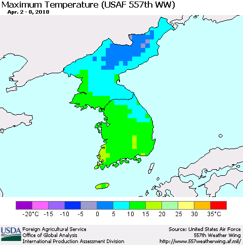 Korea Mean Maximum Temperature (USAF 557th WW) Thematic Map For 4/2/2018 - 4/8/2018