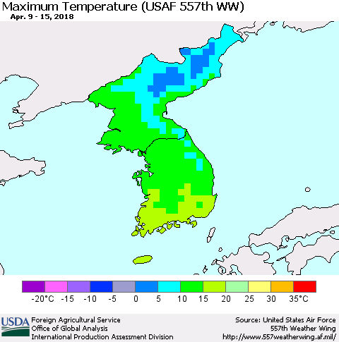 Korea Mean Maximum Temperature (USAF 557th WW) Thematic Map For 4/9/2018 - 4/15/2018