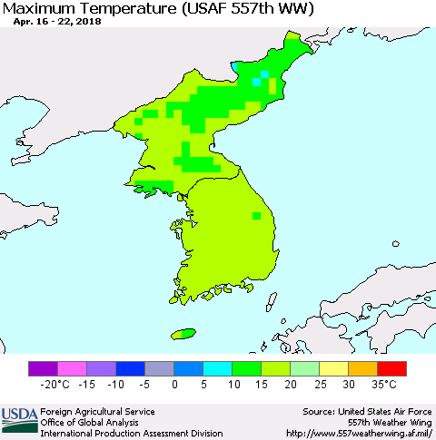 Korea Mean Maximum Temperature (USAF 557th WW) Thematic Map For 4/16/2018 - 4/22/2018