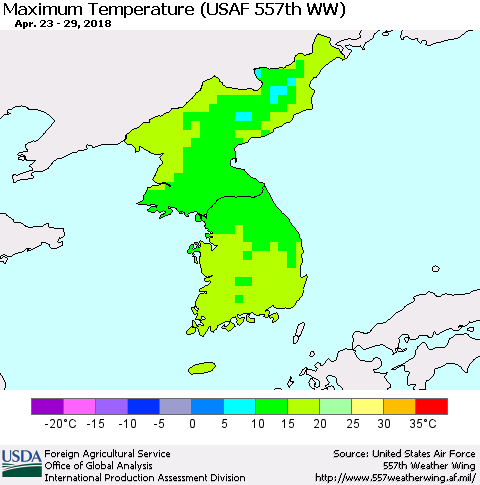 Korea Mean Maximum Temperature (USAF 557th WW) Thematic Map For 4/23/2018 - 4/29/2018