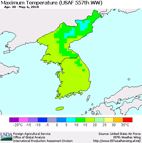 Korea Mean Maximum Temperature (USAF 557th WW) Thematic Map For 4/30/2018 - 5/6/2018