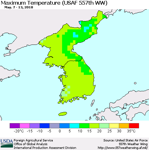 Korea Mean Maximum Temperature (USAF 557th WW) Thematic Map For 5/7/2018 - 5/13/2018