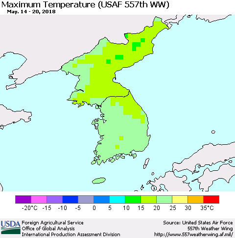 Korea Mean Maximum Temperature (USAF 557th WW) Thematic Map For 5/14/2018 - 5/20/2018