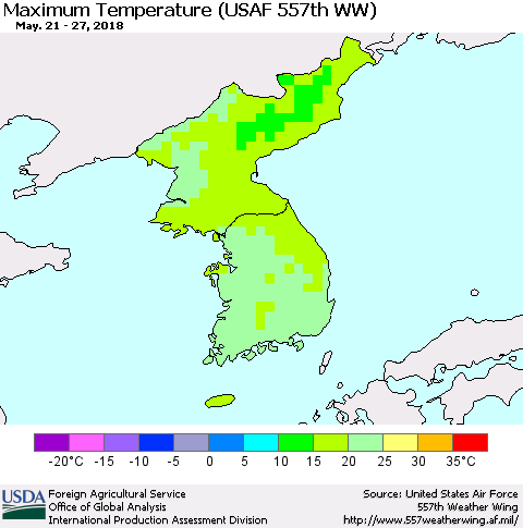 Korea Mean Maximum Temperature (USAF 557th WW) Thematic Map For 5/21/2018 - 5/27/2018