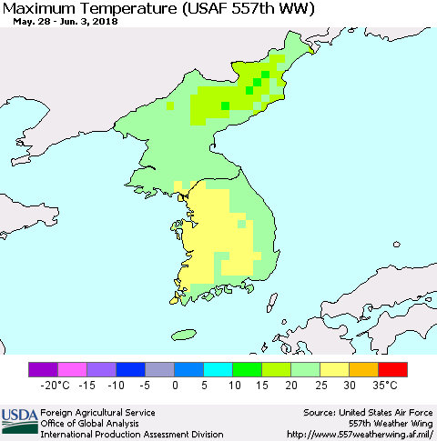 Korea Mean Maximum Temperature (USAF 557th WW) Thematic Map For 5/28/2018 - 6/3/2018