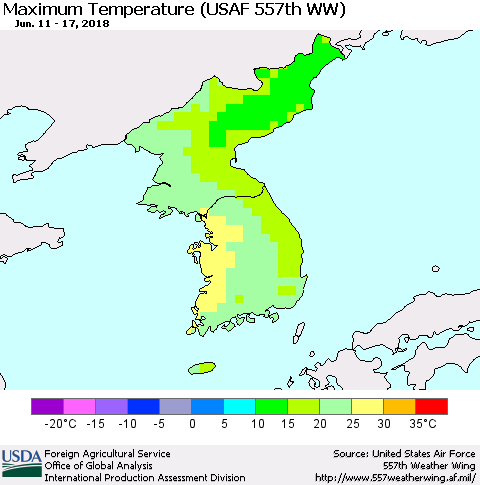 Korea Mean Maximum Temperature (USAF 557th WW) Thematic Map For 6/11/2018 - 6/17/2018