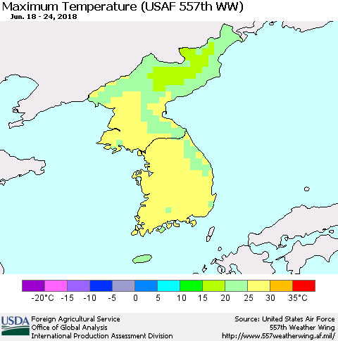 Korea Mean Maximum Temperature (USAF 557th WW) Thematic Map For 6/18/2018 - 6/24/2018