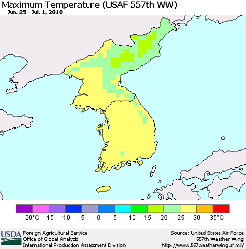 Korea Mean Maximum Temperature (USAF 557th WW) Thematic Map For 6/25/2018 - 7/1/2018
