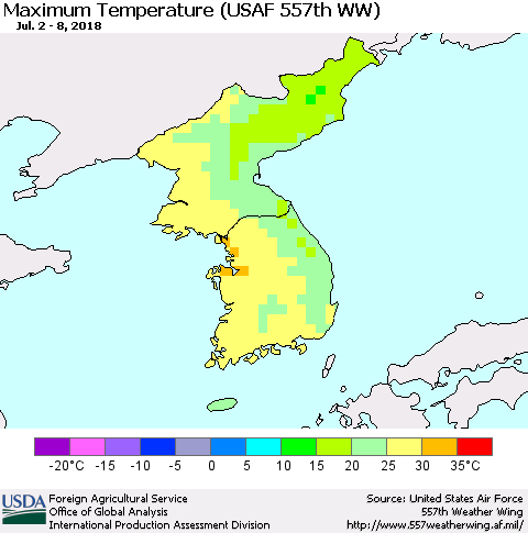 Korea Mean Maximum Temperature (USAF 557th WW) Thematic Map For 7/2/2018 - 7/8/2018