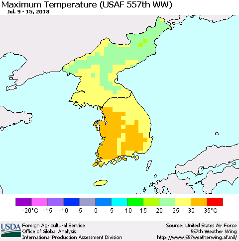 Korea Mean Maximum Temperature (USAF 557th WW) Thematic Map For 7/9/2018 - 7/15/2018