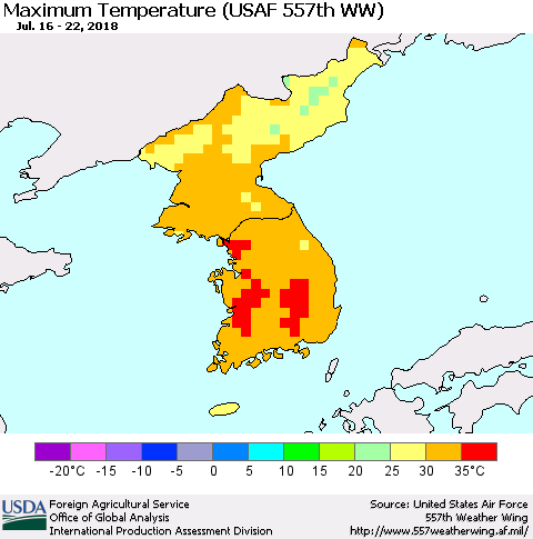Korea Mean Maximum Temperature (USAF 557th WW) Thematic Map For 7/16/2018 - 7/22/2018
