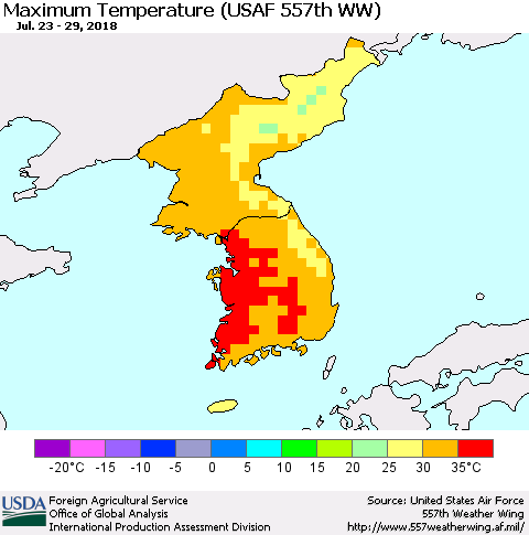Korea Mean Maximum Temperature (USAF 557th WW) Thematic Map For 7/23/2018 - 7/29/2018