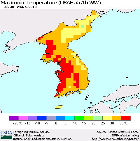 Korea Mean Maximum Temperature (USAF 557th WW) Thematic Map For 7/30/2018 - 8/5/2018