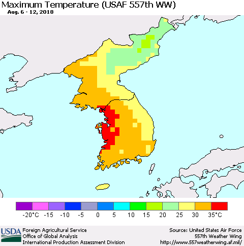 Korea Mean Maximum Temperature (USAF 557th WW) Thematic Map For 8/6/2018 - 8/12/2018