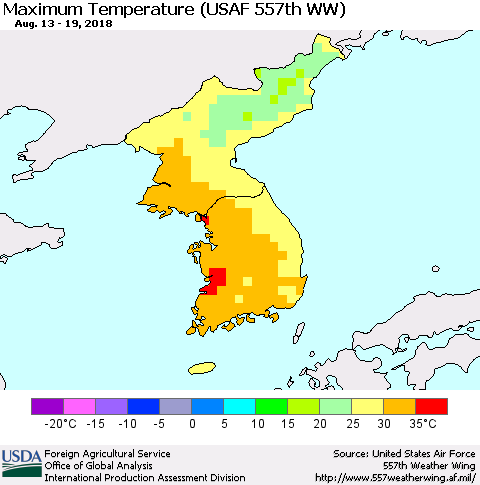 Korea Mean Maximum Temperature (USAF 557th WW) Thematic Map For 8/13/2018 - 8/19/2018