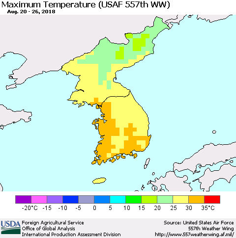 Korea Mean Maximum Temperature (USAF 557th WW) Thematic Map For 8/20/2018 - 8/26/2018
