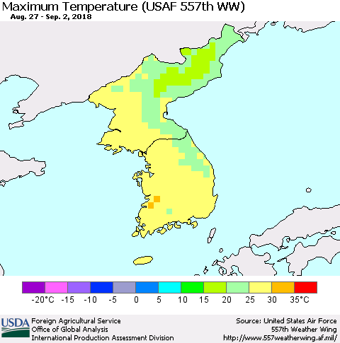 Korea Mean Maximum Temperature (USAF 557th WW) Thematic Map For 8/27/2018 - 9/2/2018