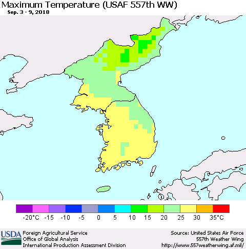 Korea Mean Maximum Temperature (USAF 557th WW) Thematic Map For 9/3/2018 - 9/9/2018