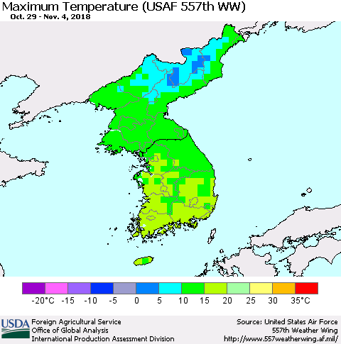 Korea Mean Maximum Temperature (USAF 557th WW) Thematic Map For 10/29/2018 - 11/4/2018