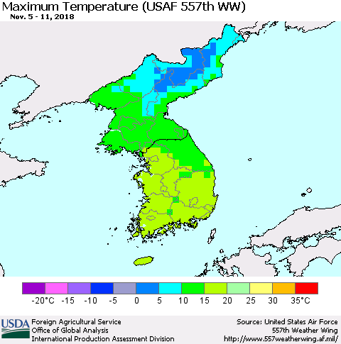 Korea Mean Maximum Temperature (USAF 557th WW) Thematic Map For 11/5/2018 - 11/11/2018