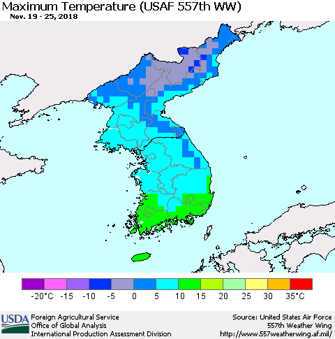 Korea Mean Maximum Temperature (USAF 557th WW) Thematic Map For 11/19/2018 - 11/25/2018