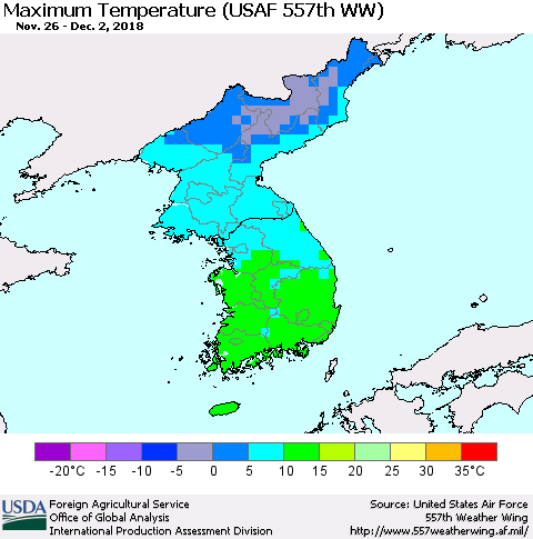 Korea Mean Maximum Temperature (USAF 557th WW) Thematic Map For 11/26/2018 - 12/2/2018