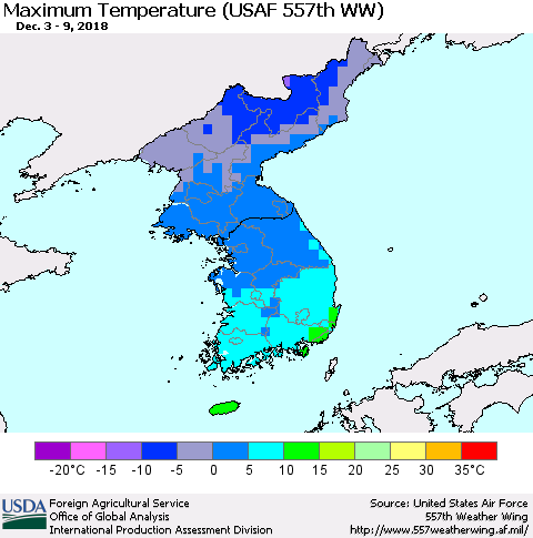 Korea Mean Maximum Temperature (USAF 557th WW) Thematic Map For 12/3/2018 - 12/9/2018