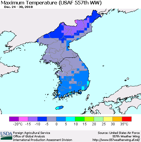 Korea Mean Maximum Temperature (USAF 557th WW) Thematic Map For 12/24/2018 - 12/30/2018