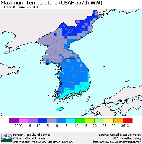 Korea Mean Maximum Temperature (USAF 557th WW) Thematic Map For 12/31/2018 - 1/6/2019