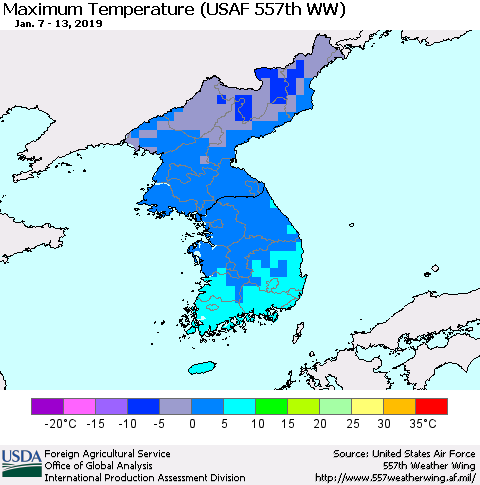 Korea Mean Maximum Temperature (USAF 557th WW) Thematic Map For 1/7/2019 - 1/13/2019