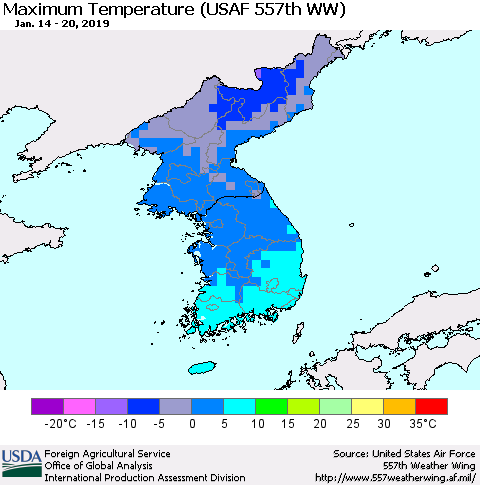 Korea Mean Maximum Temperature (USAF 557th WW) Thematic Map For 1/14/2019 - 1/20/2019
