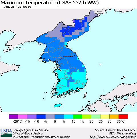 Korea Mean Maximum Temperature (USAF 557th WW) Thematic Map For 1/21/2019 - 1/27/2019