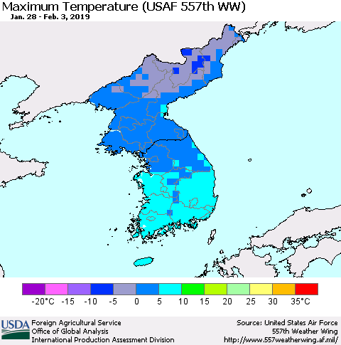 Korea Mean Maximum Temperature (USAF 557th WW) Thematic Map For 1/28/2019 - 2/3/2019