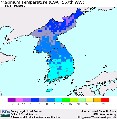 Korea Mean Maximum Temperature (USAF 557th WW) Thematic Map For 2/4/2019 - 2/10/2019