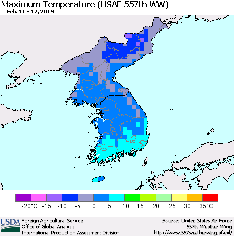 Korea Mean Maximum Temperature (USAF 557th WW) Thematic Map For 2/11/2019 - 2/17/2019