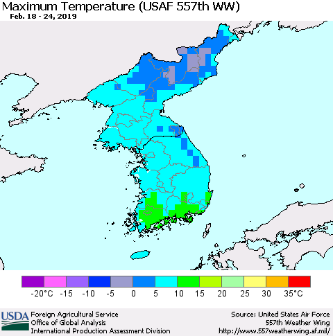 Korea Mean Maximum Temperature (USAF 557th WW) Thematic Map For 2/18/2019 - 2/24/2019