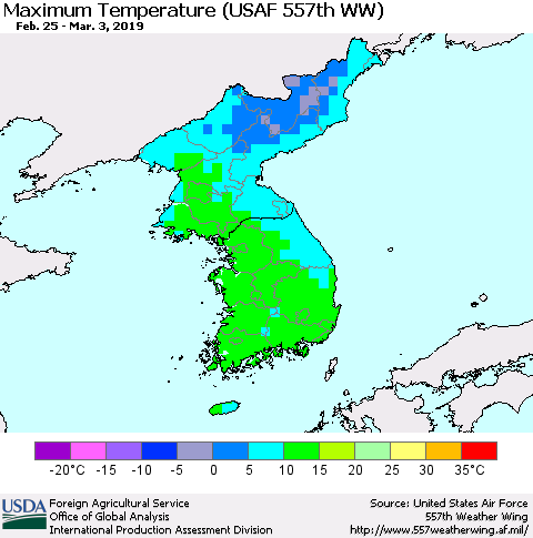 Korea Mean Maximum Temperature (USAF 557th WW) Thematic Map For 2/25/2019 - 3/3/2019