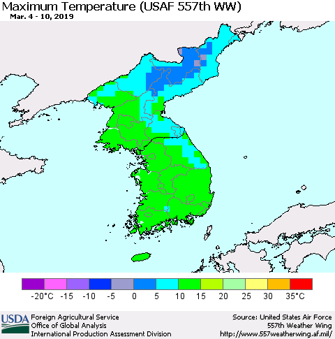 Korea Mean Maximum Temperature (USAF 557th WW) Thematic Map For 3/4/2019 - 3/10/2019