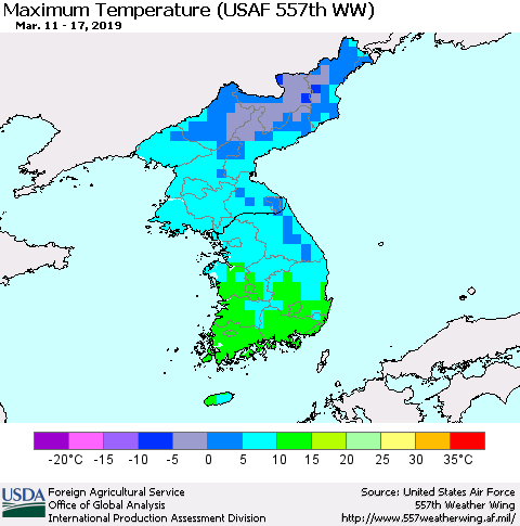 Korea Mean Maximum Temperature (USAF 557th WW) Thematic Map For 3/11/2019 - 3/17/2019