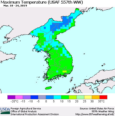 Korea Mean Maximum Temperature (USAF 557th WW) Thematic Map For 3/18/2019 - 3/24/2019