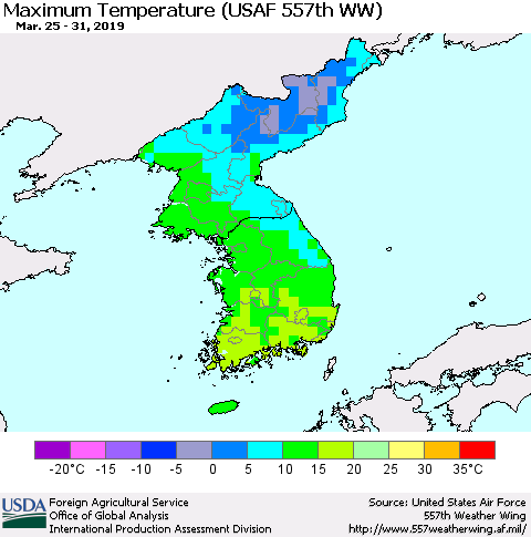 Korea Mean Maximum Temperature (USAF 557th WW) Thematic Map For 3/25/2019 - 3/31/2019